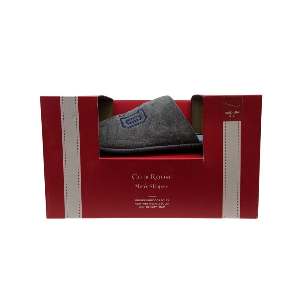 Club Room Men's Slippers Cushioned "Dad" Bed Slides Grey Embroidery M 8-9 NEW